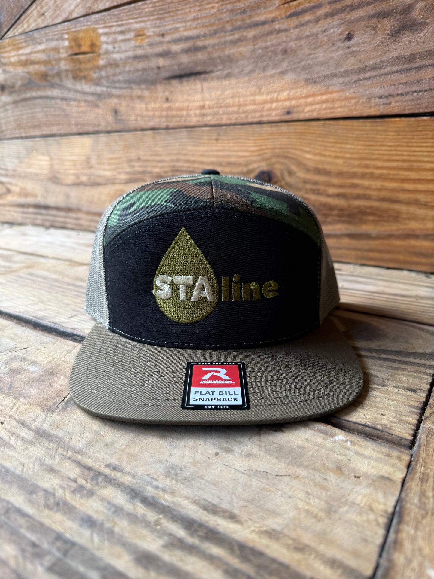 168 Richardson 7-Panel Trucker - Black/ Green Camo/ Loden