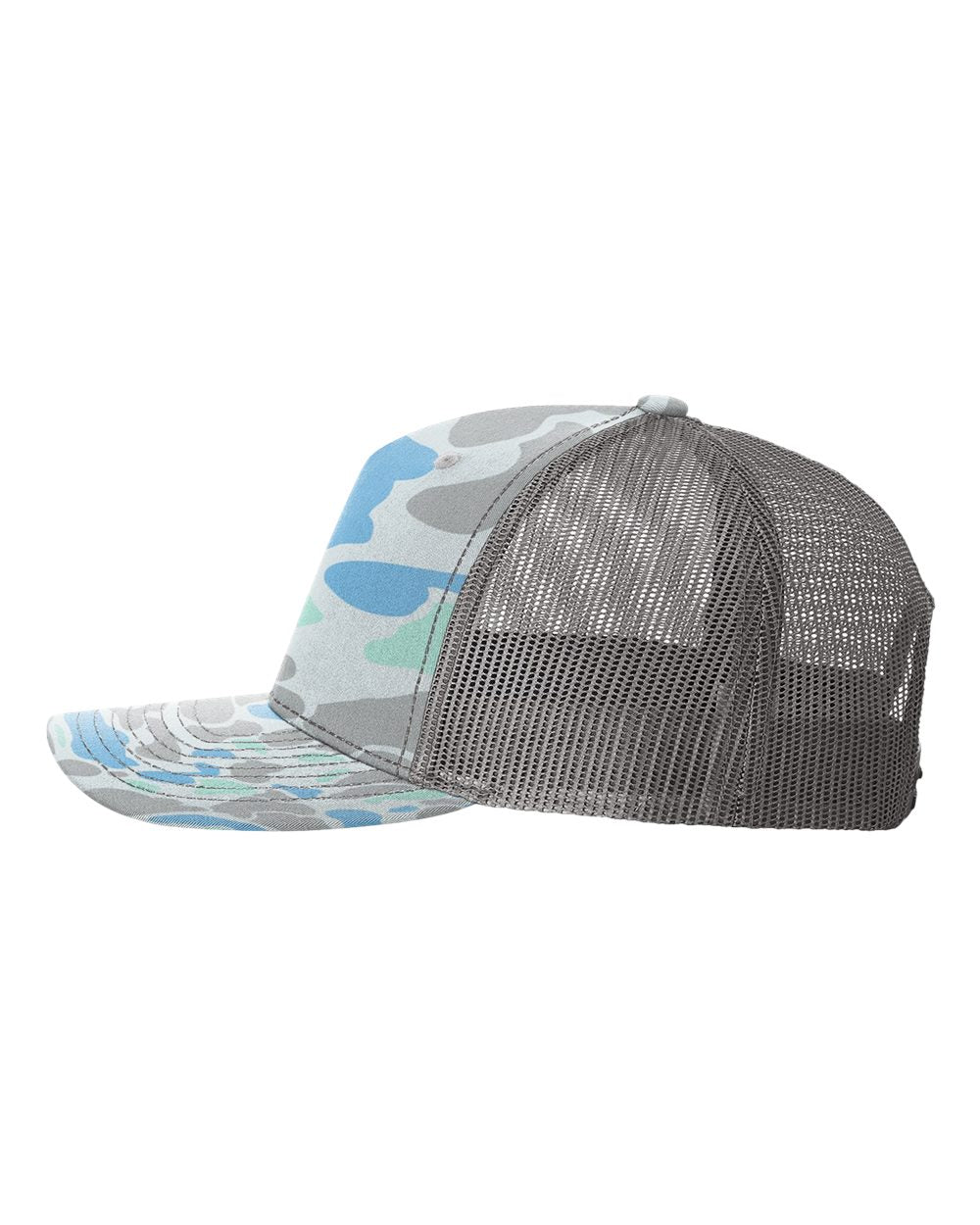 Richardson 112 -Five-Panel Printed Trucker Cap - Saltwater Duck Camo/ Charcoal - STAline Logo Side of Panel