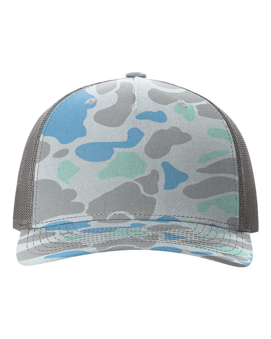 Richardson 112 -Five-Panel Printed Trucker Cap - Saltwater Duck Camo/ Charcoal - STAline Logo Side of Panel